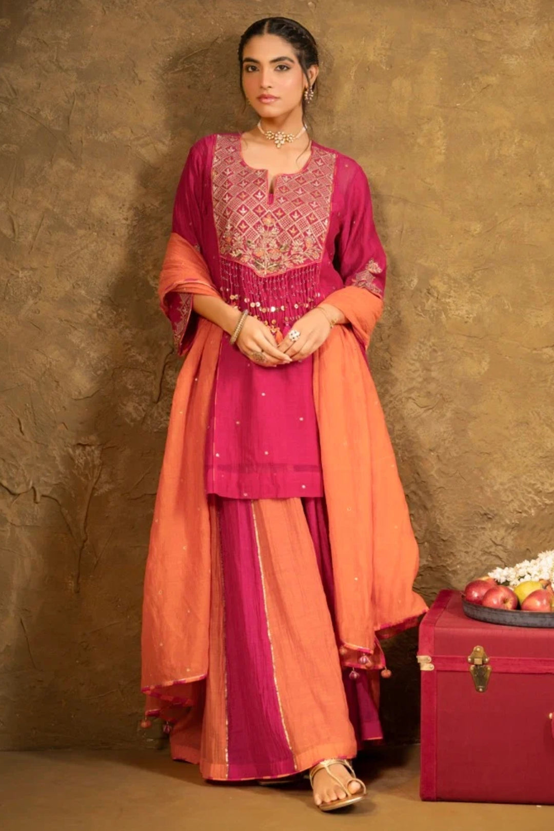 Antique Chowkadi Sharara Set - Pink + Orange