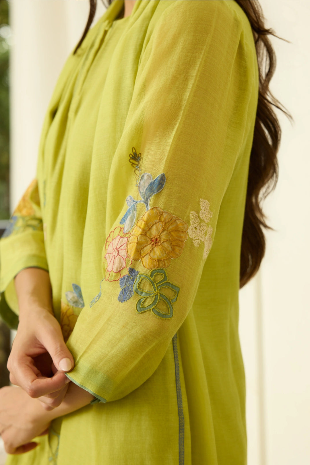 Lime Applique Floral Kurta Set