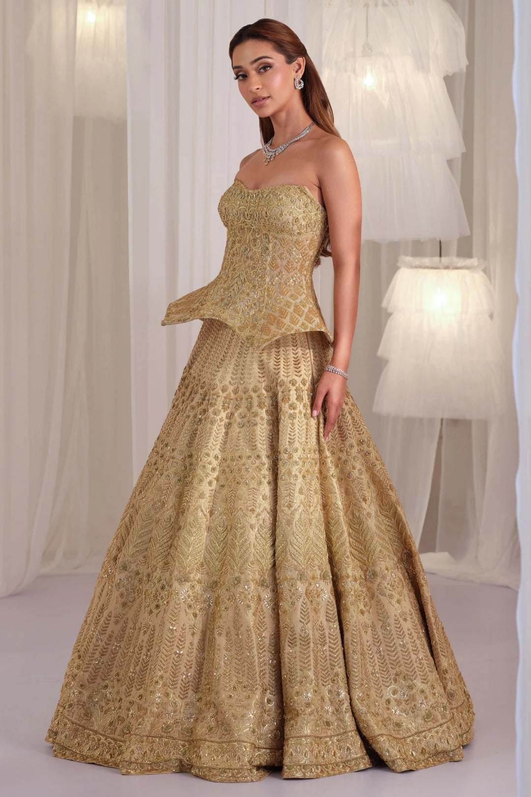 Gold Hand Embellished Sculpted Corset With Raw Silk Lehenga & Dupatta