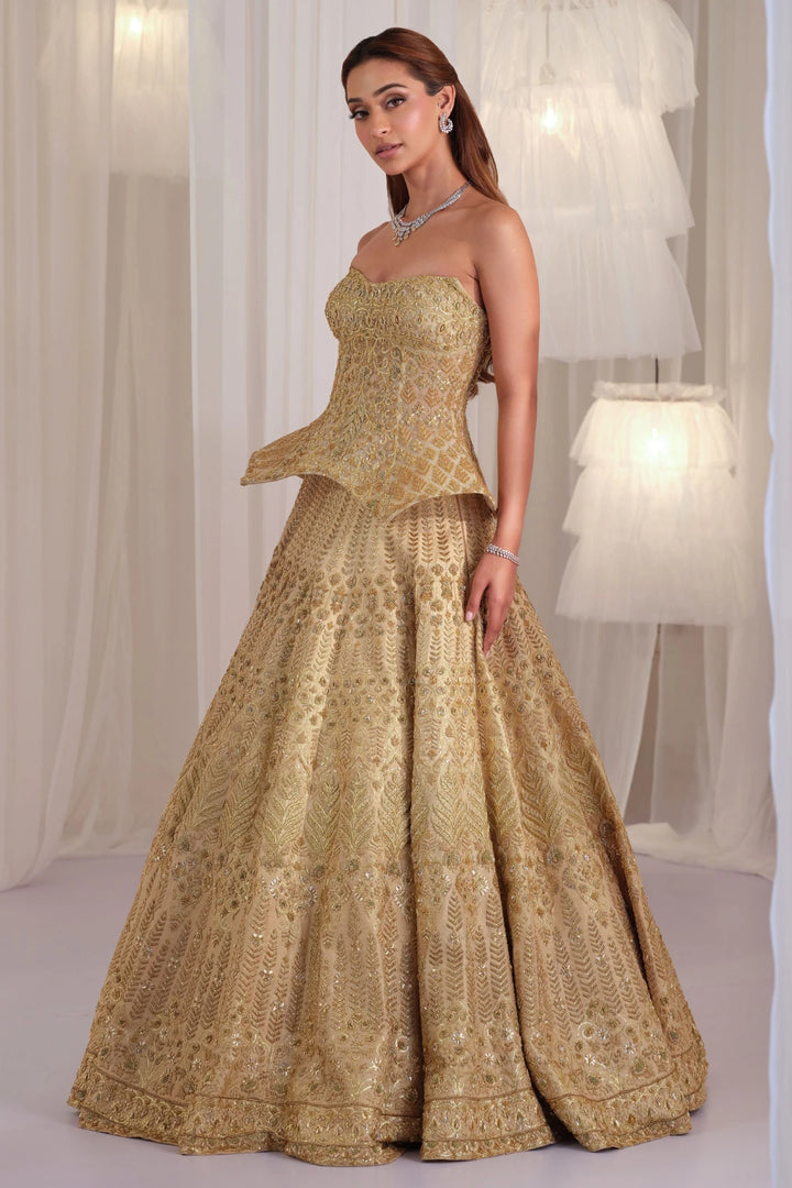 Gold Hand Embellished Sculpted Corset With Raw Silk Lehenga & Dupatta