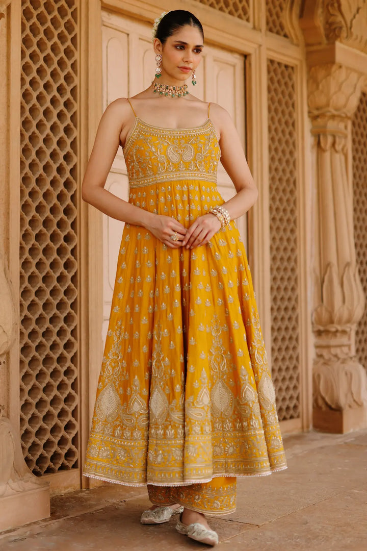 Afraa - Mustard Anarkali Set with Palazzo & Dupatta