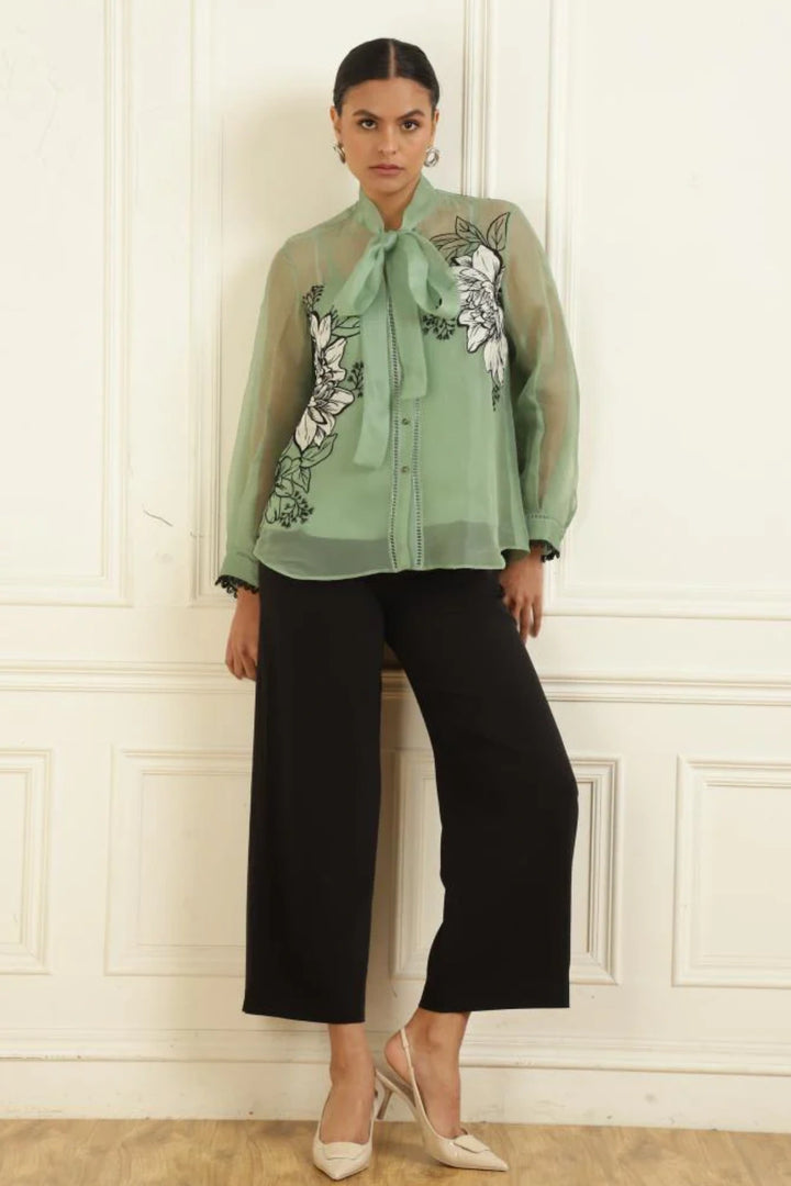 Women’s Sheer Organza Front Open Tie-Neck thyme green Shirt