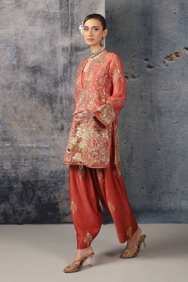 Zar-Rang Orange Jaal Farshi Kurta Set