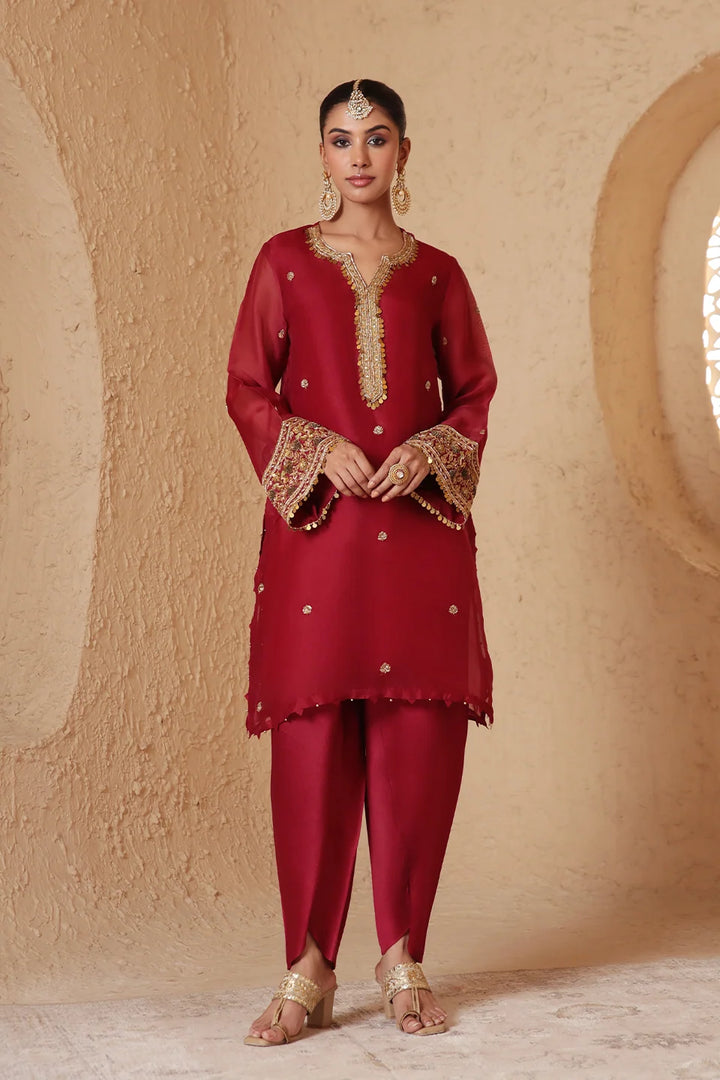 Zar-Rang Maroon Short Kurta Set
