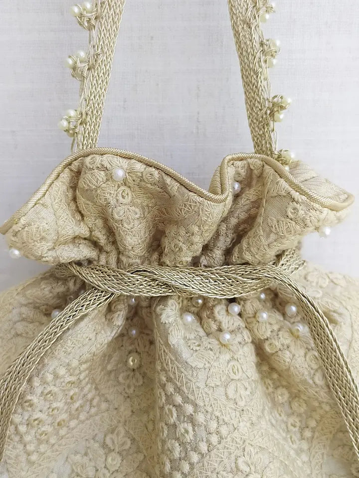 Oyster Beige Pearl Embroidered Silk Potli Bag