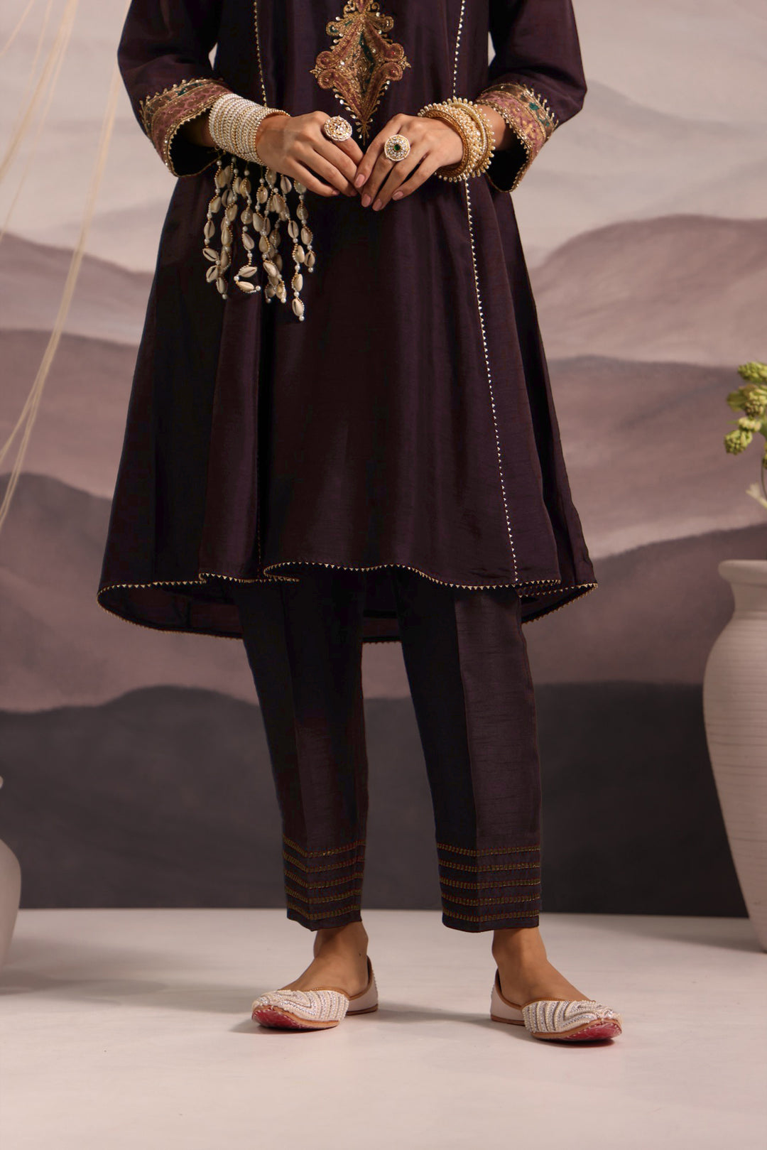 wine silk choga kurta set with hand embroidered yoke & lilac dupatta