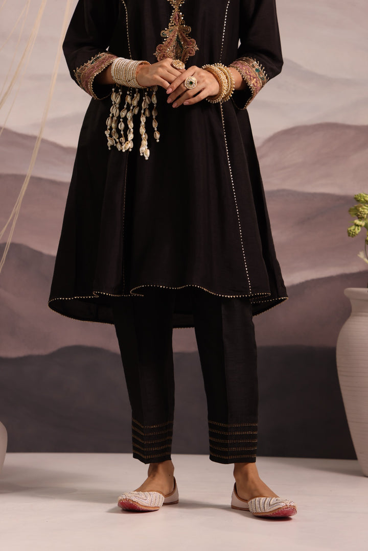 black silk choga kurta set with hand embroidered yoke & lilac dupatta