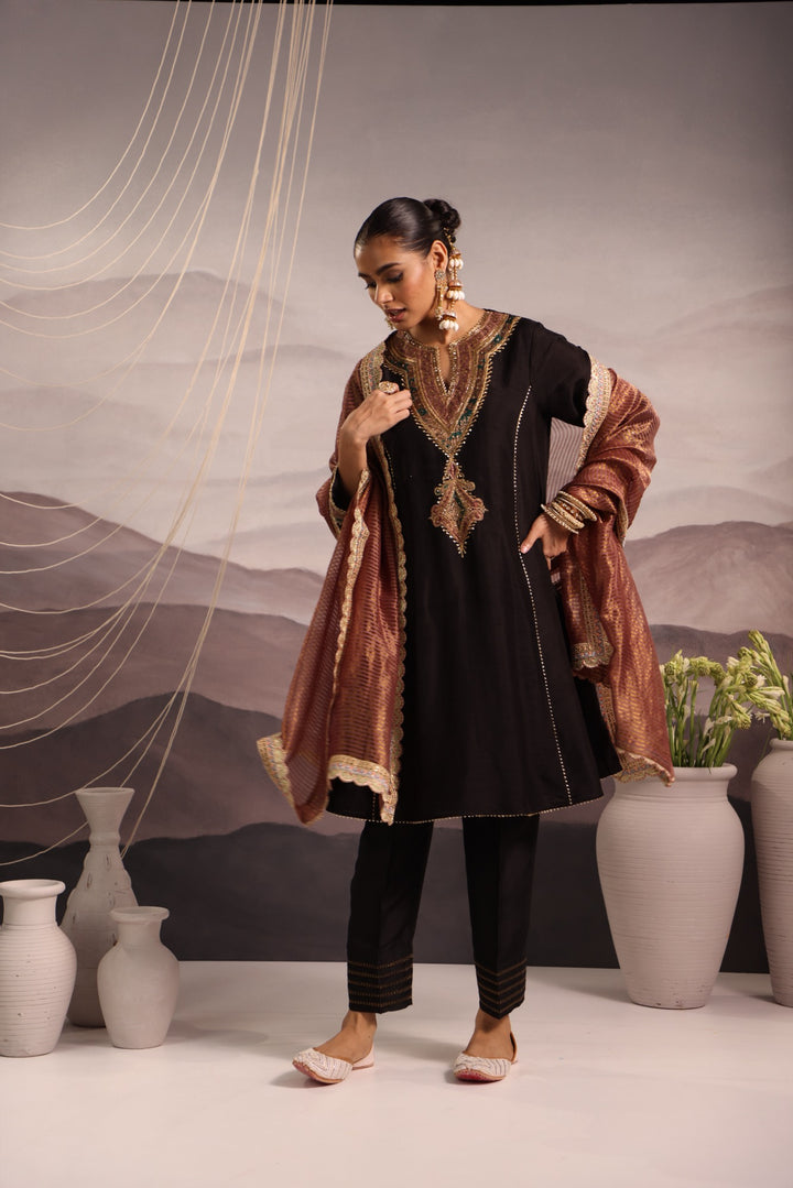 black silk choga kurta set with hand embroidered yoke & lilac dupatta