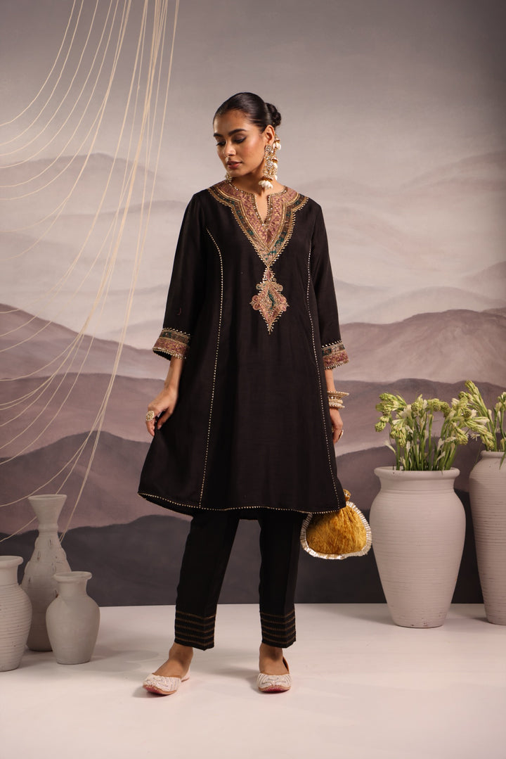 black silk choga kurta set with hand embroidered yoke & lilac dupatta