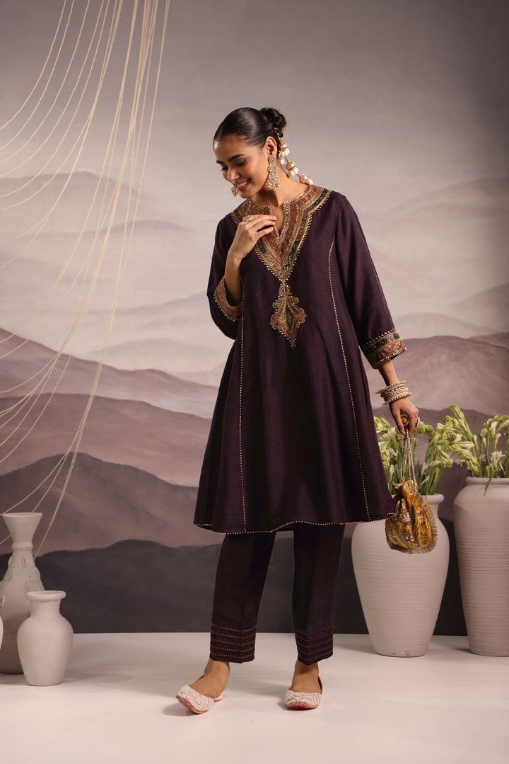 wine silk choga kurta set with hand embroidered yoke & lilac dupatta