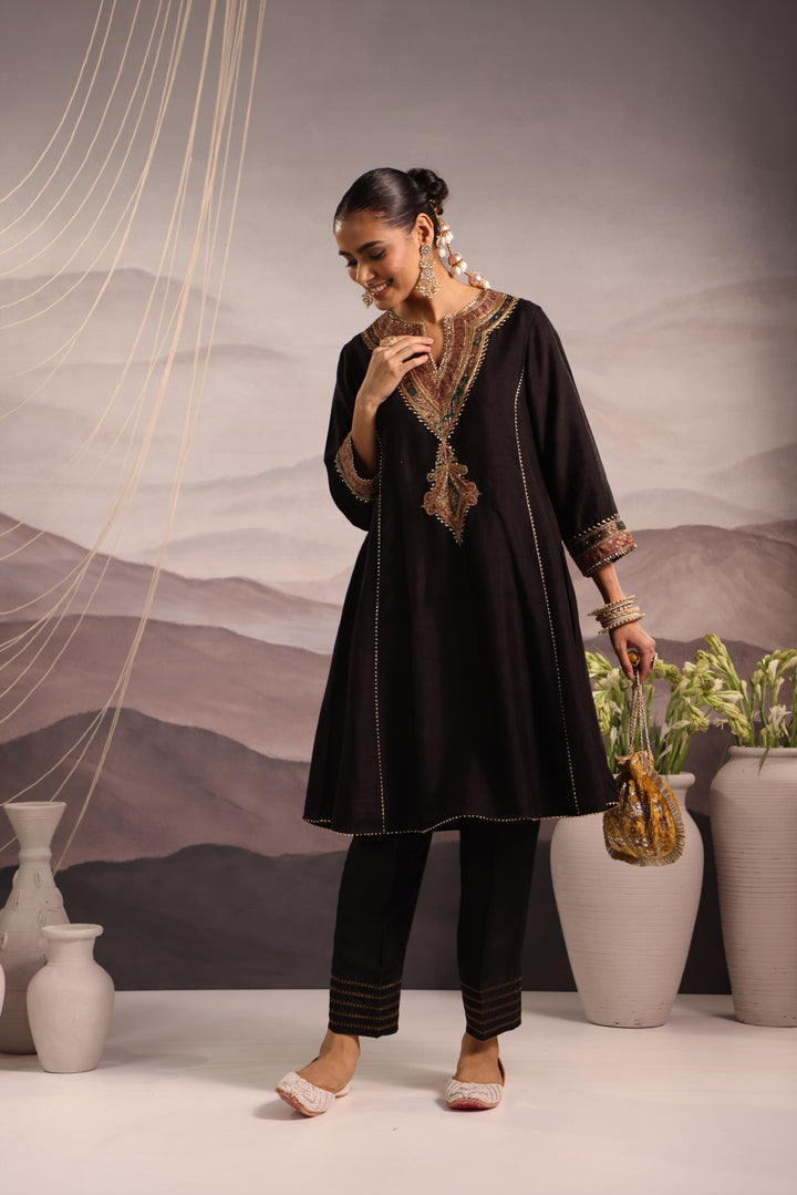 black silk choga kurta set with hand embroidered yoke & lilac dupatta