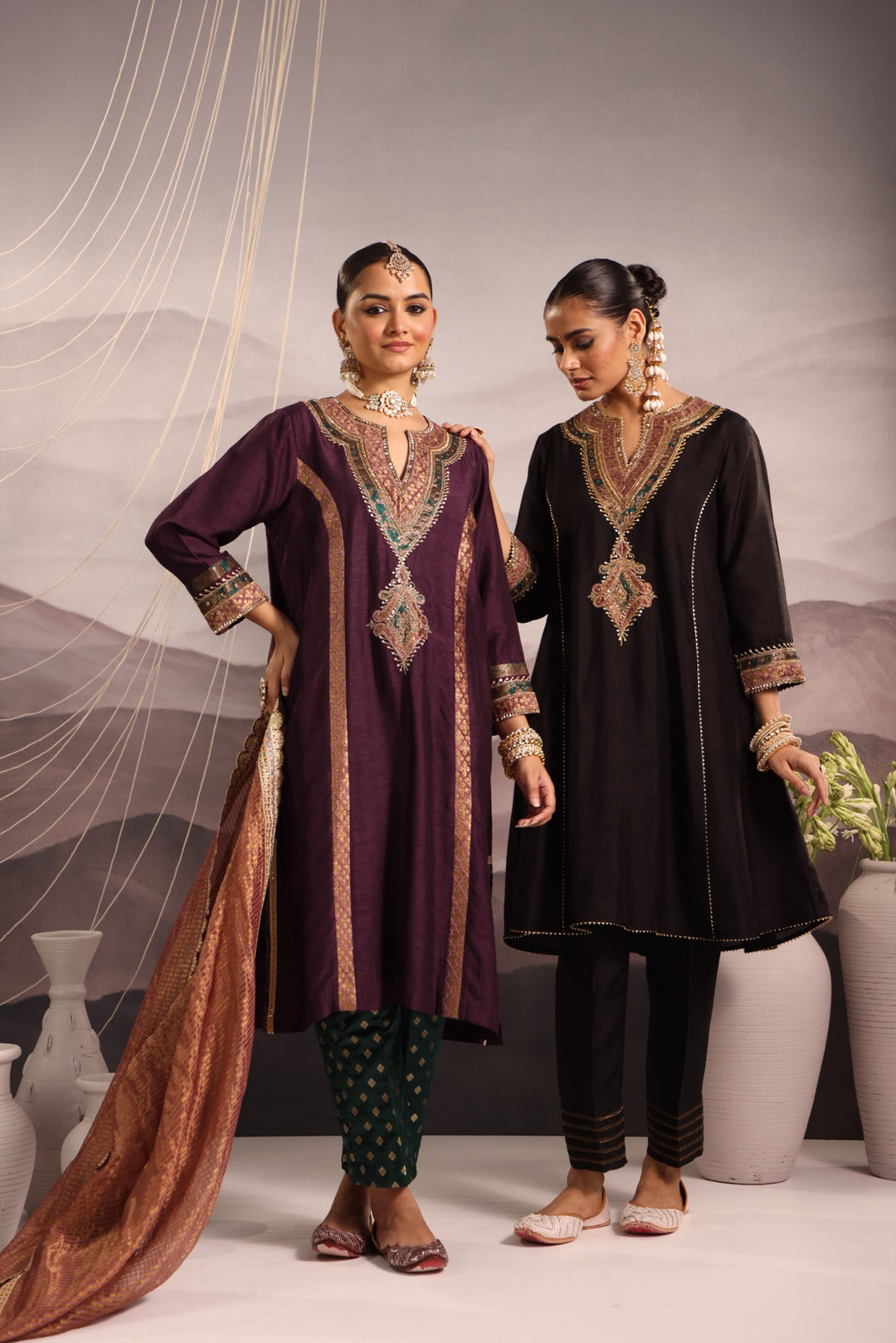 black silk choga kurta set with hand embroidered yoke & lilac dupatta