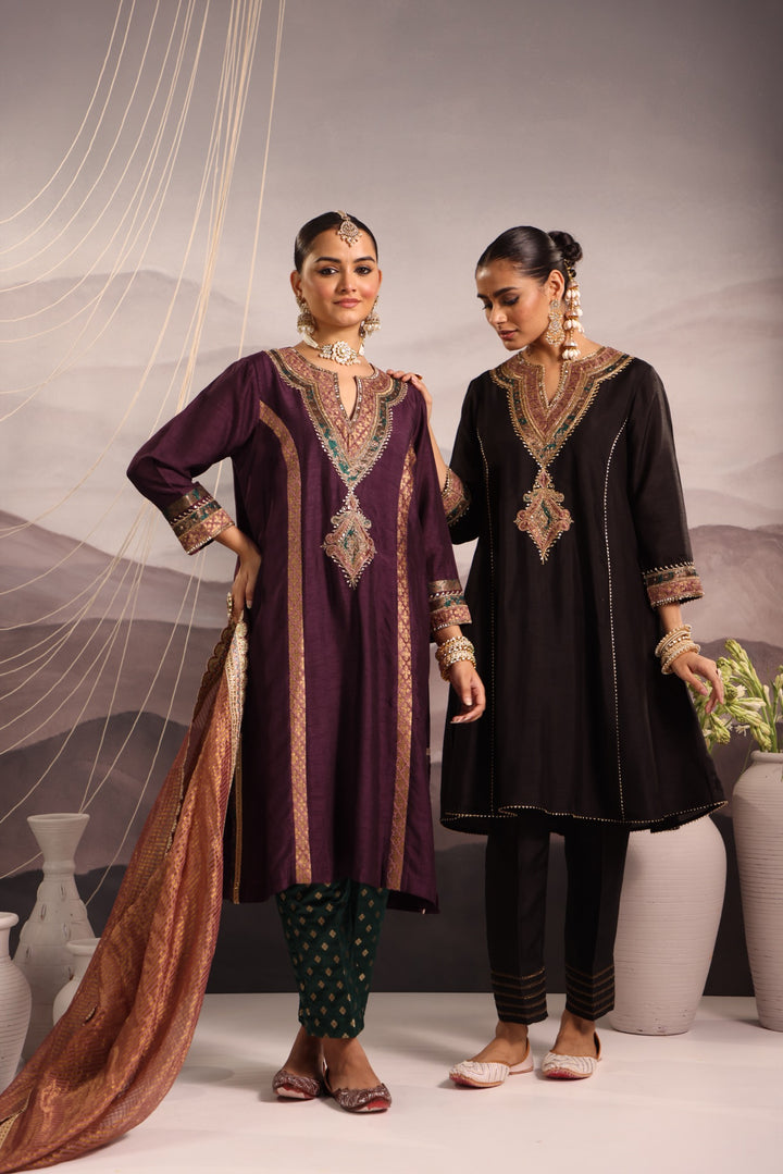 black silk choga kurta set with hand embroidered yoke & lilac dupatta