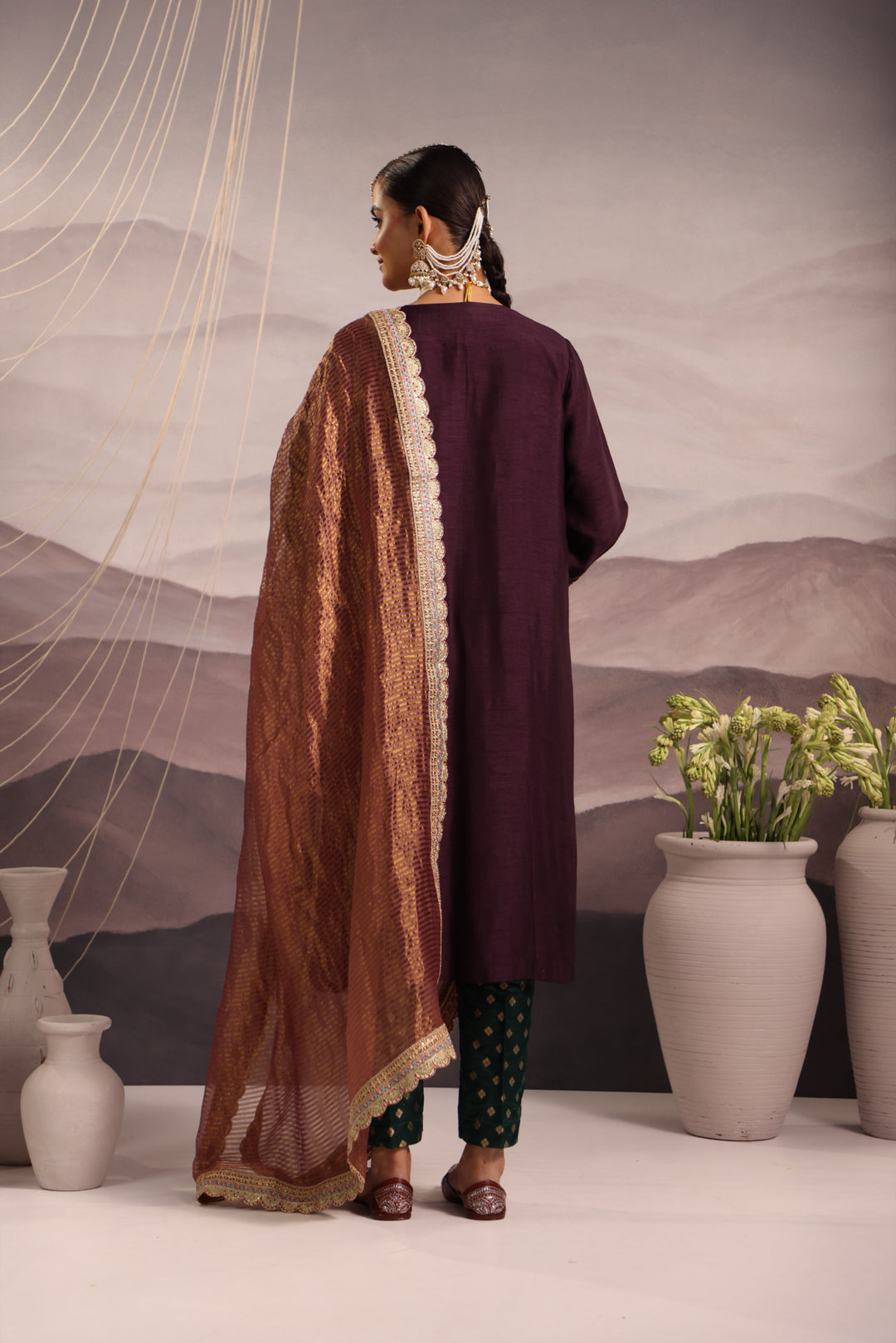 wine silk princess cut kurta with hand embroidered yoke in teal and lilac