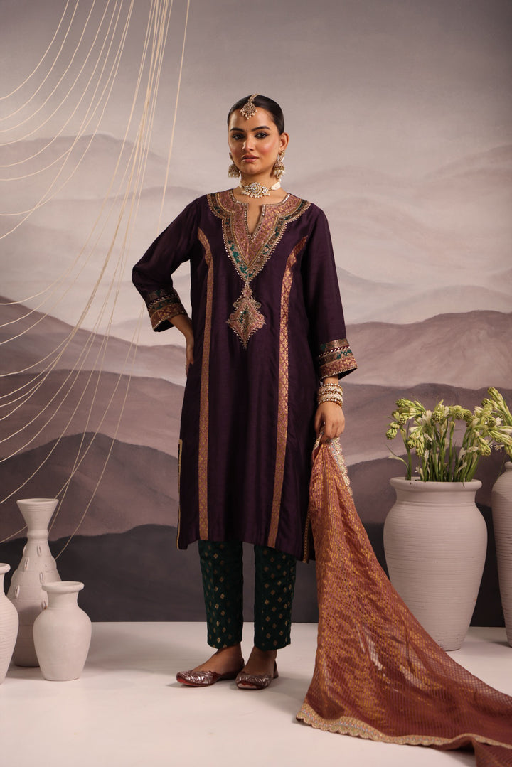 wine silk princess cut kurta with hand embroidered yoke in teal and lilac