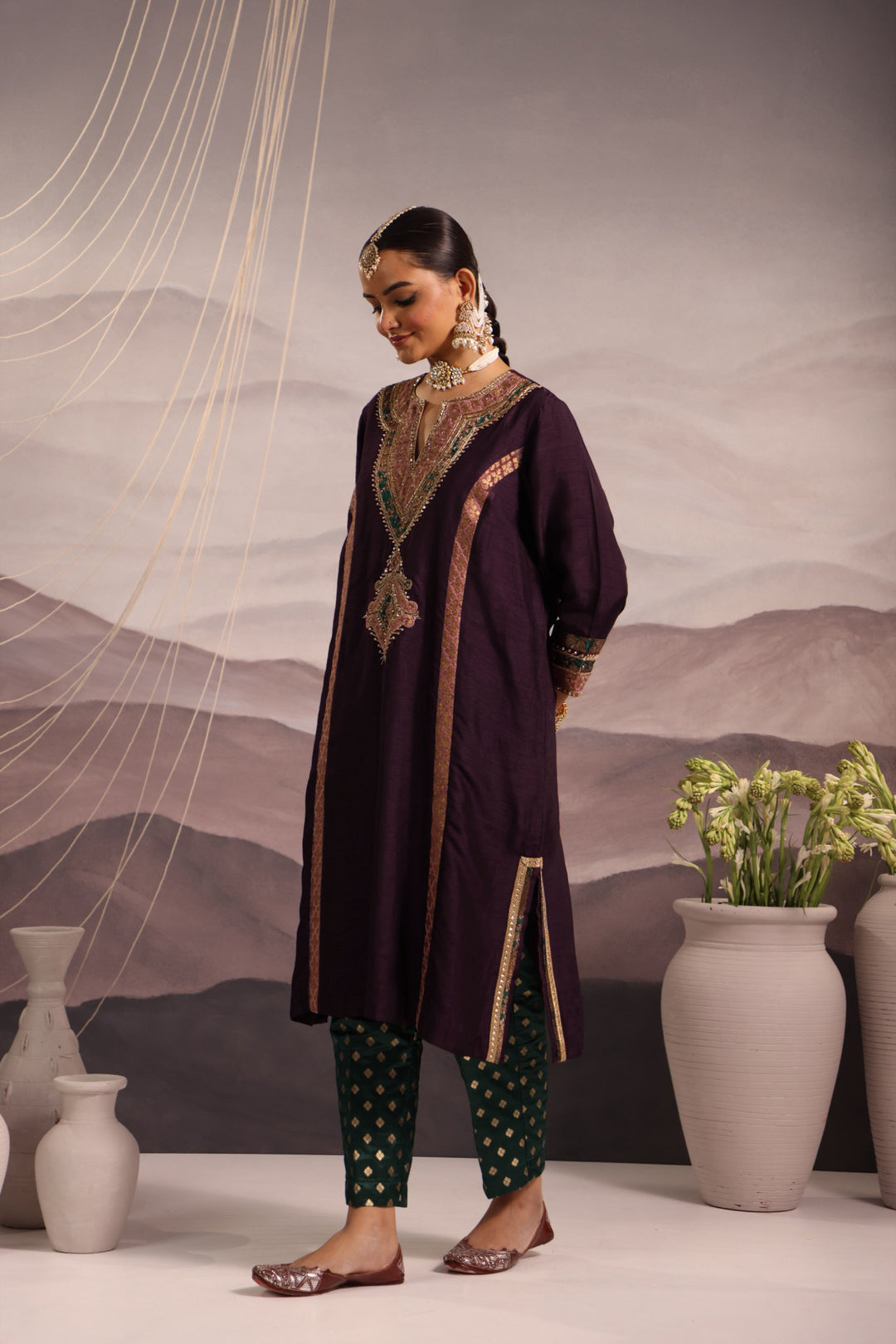 wine silk princess cut kurta with hand embroidered yoke in teal and lilac