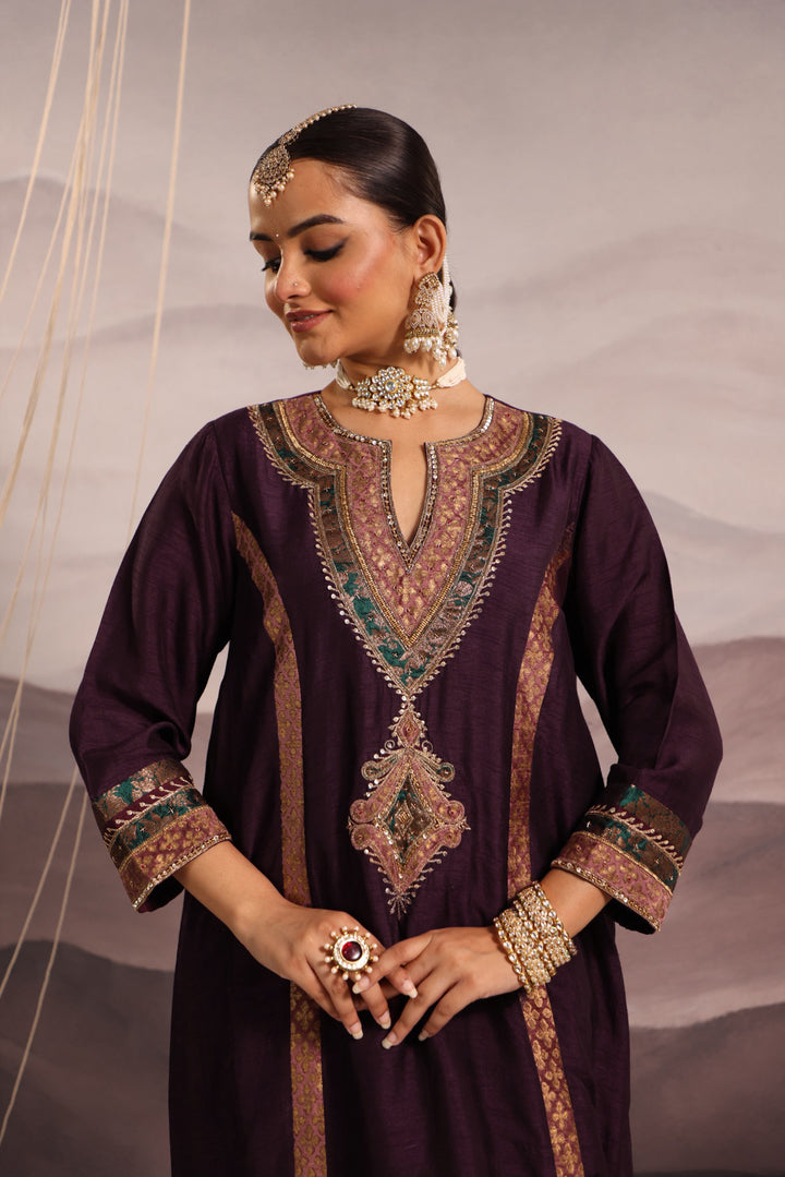 wine silk princess cut kurta with hand embroidered yoke in teal and lilac