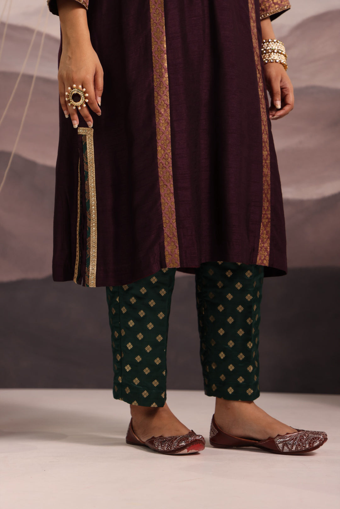 wine silk princess cut kurta with hand embroidered yoke in teal and lilac