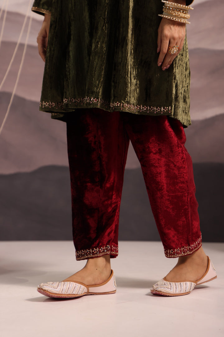 plush green velvet kalidar kurta with mughal yoke & maroon velvet salwar