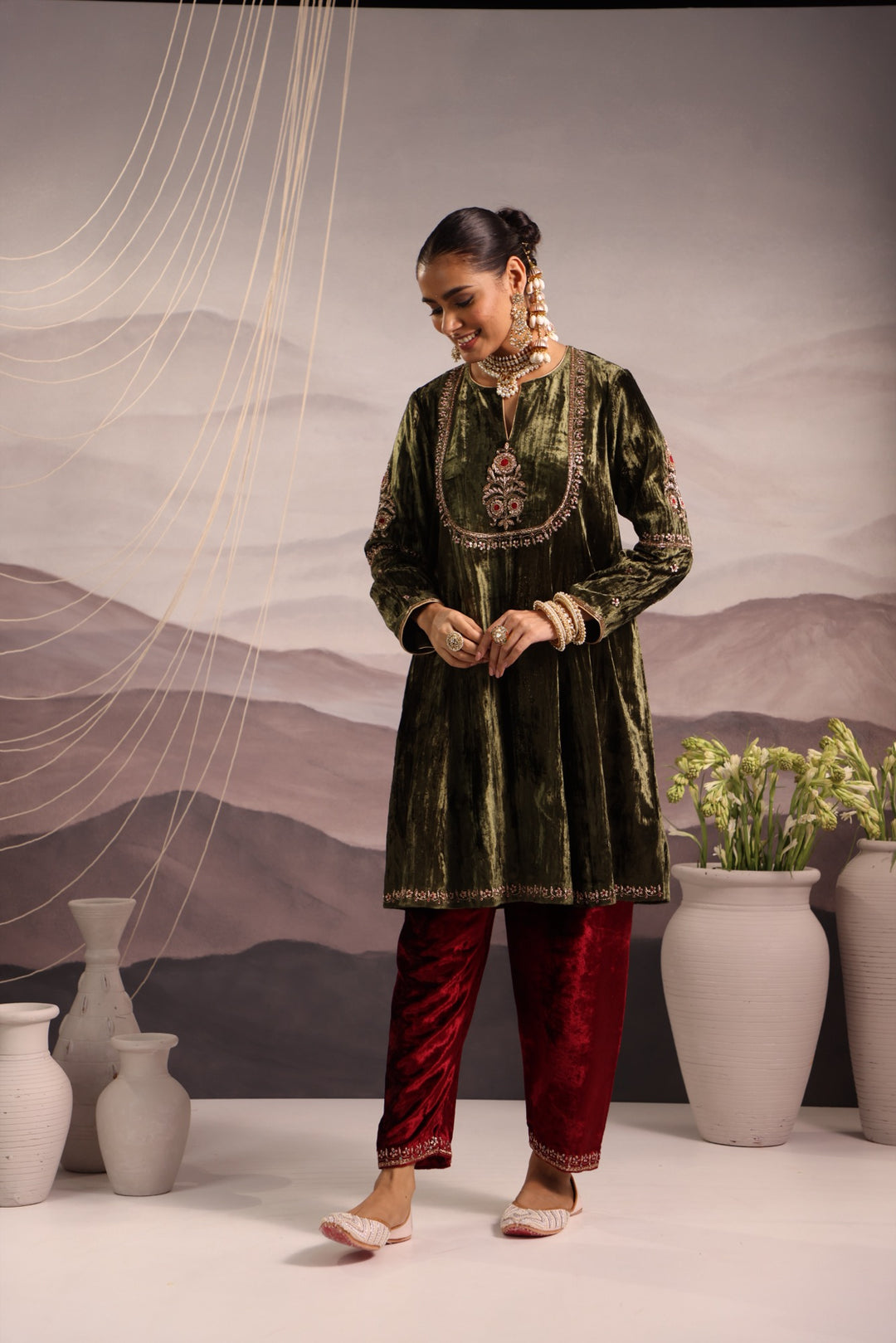 plush green velvet kalidar kurta with mughal yoke & maroon velvet salwar