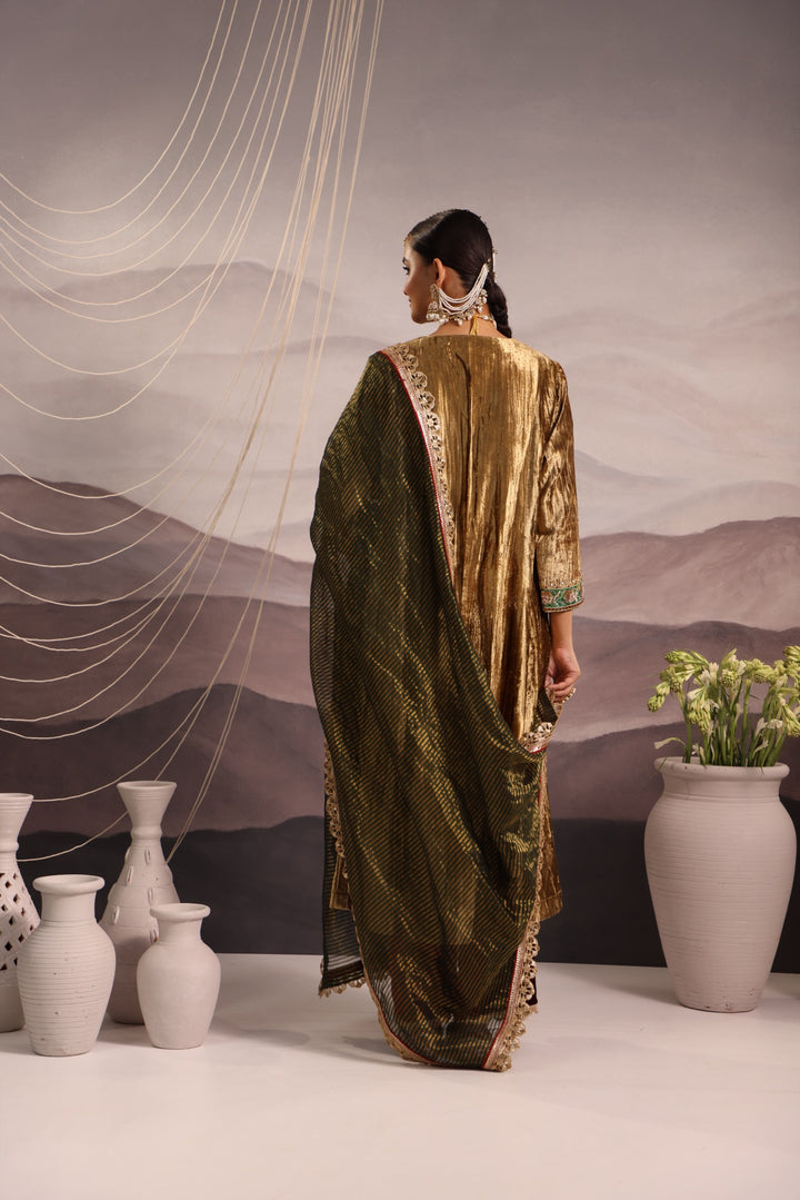 gold velvet kurta with green & maroon detailing and maroon velvet pant