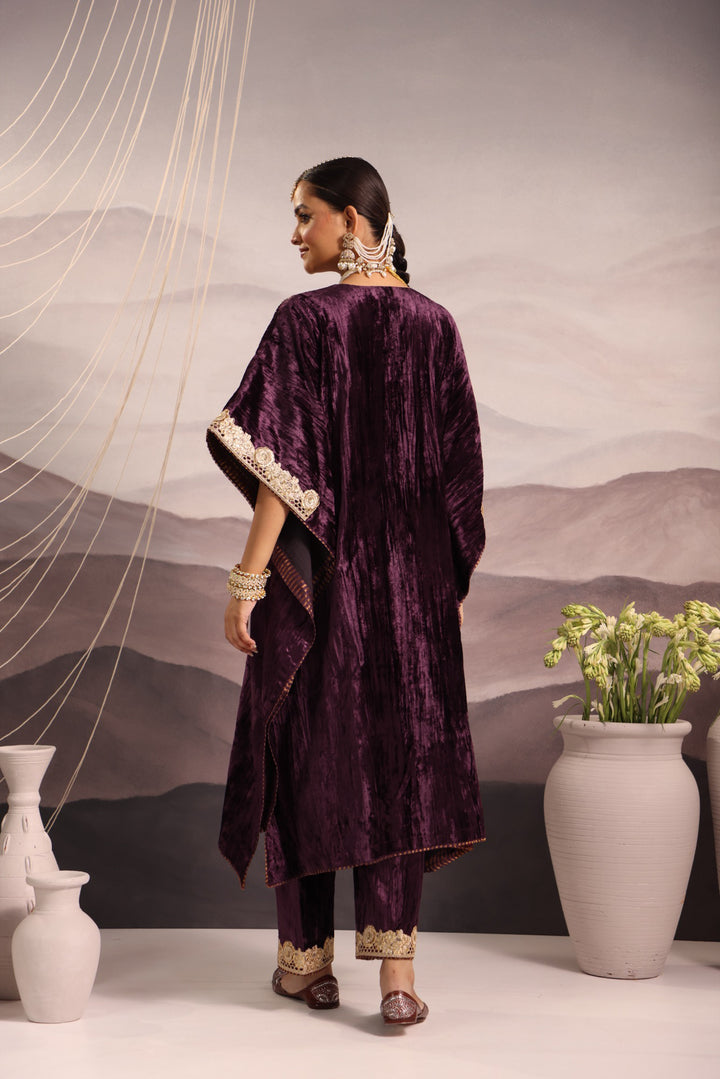 wine velvet hand embroidered kaftan with dabka and sequin detailing