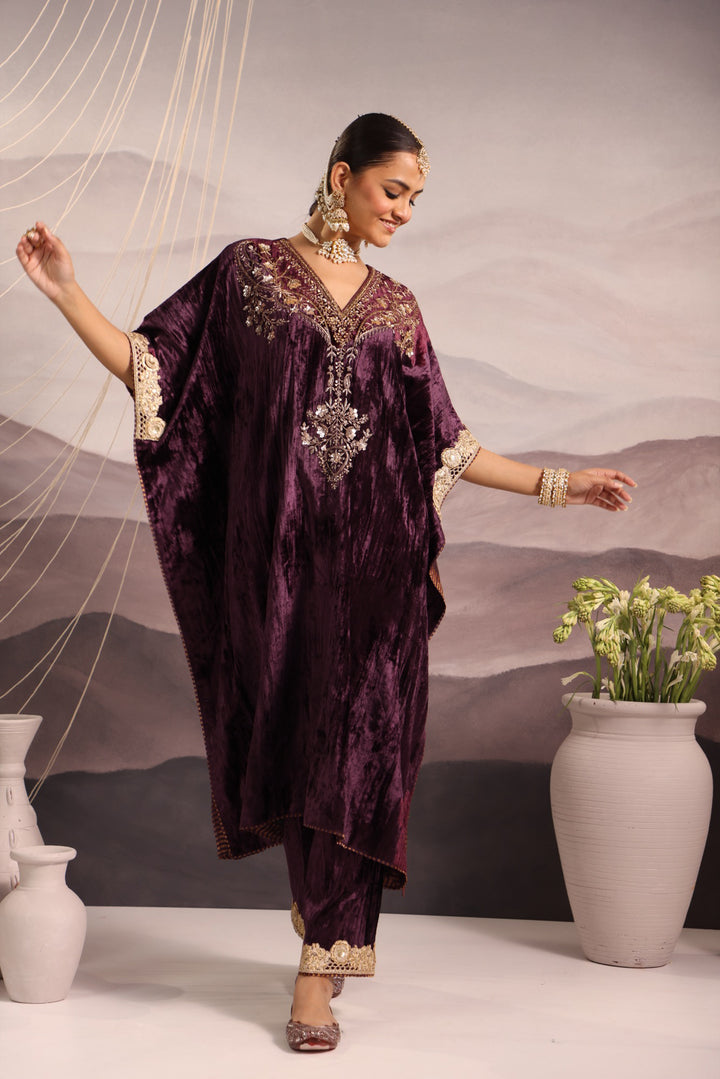 wine velvet hand embroidered kaftan with dabka and sequin detailing