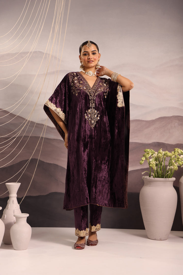 wine velvet hand embroidered kaftan with dabka and sequin detailing