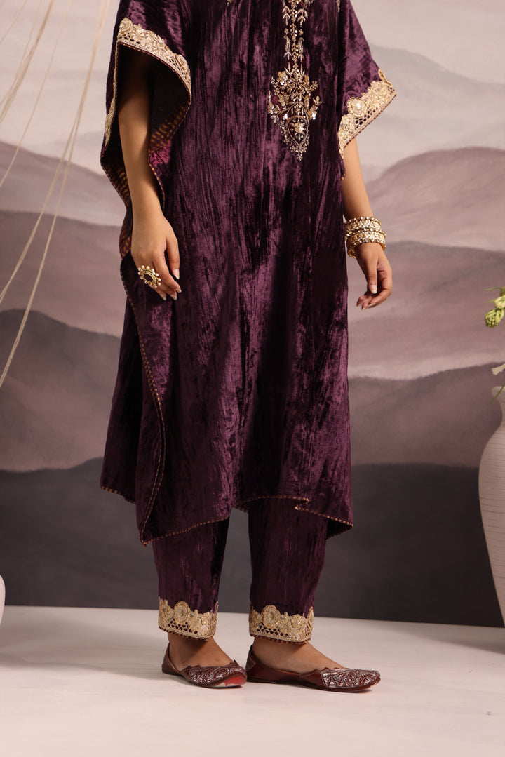 wine velvet hand embroidered kaftan with dabka and sequin detailing