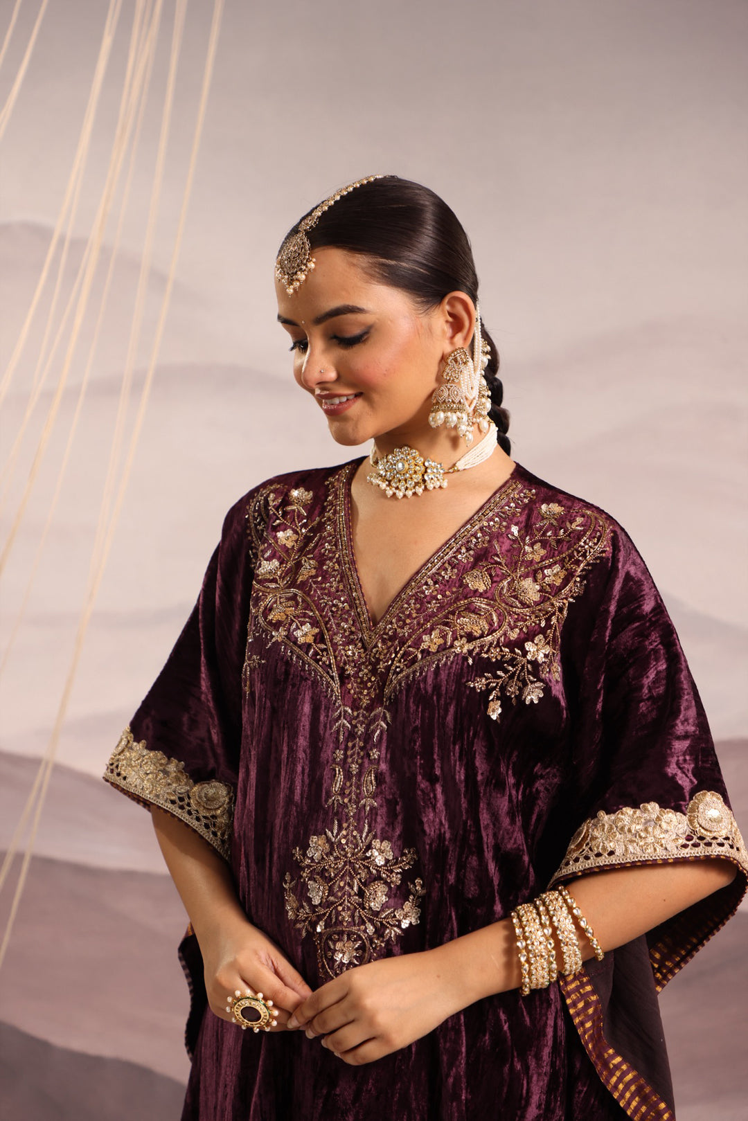 wine velvet hand embroidered kaftan with dabka and sequin detailing