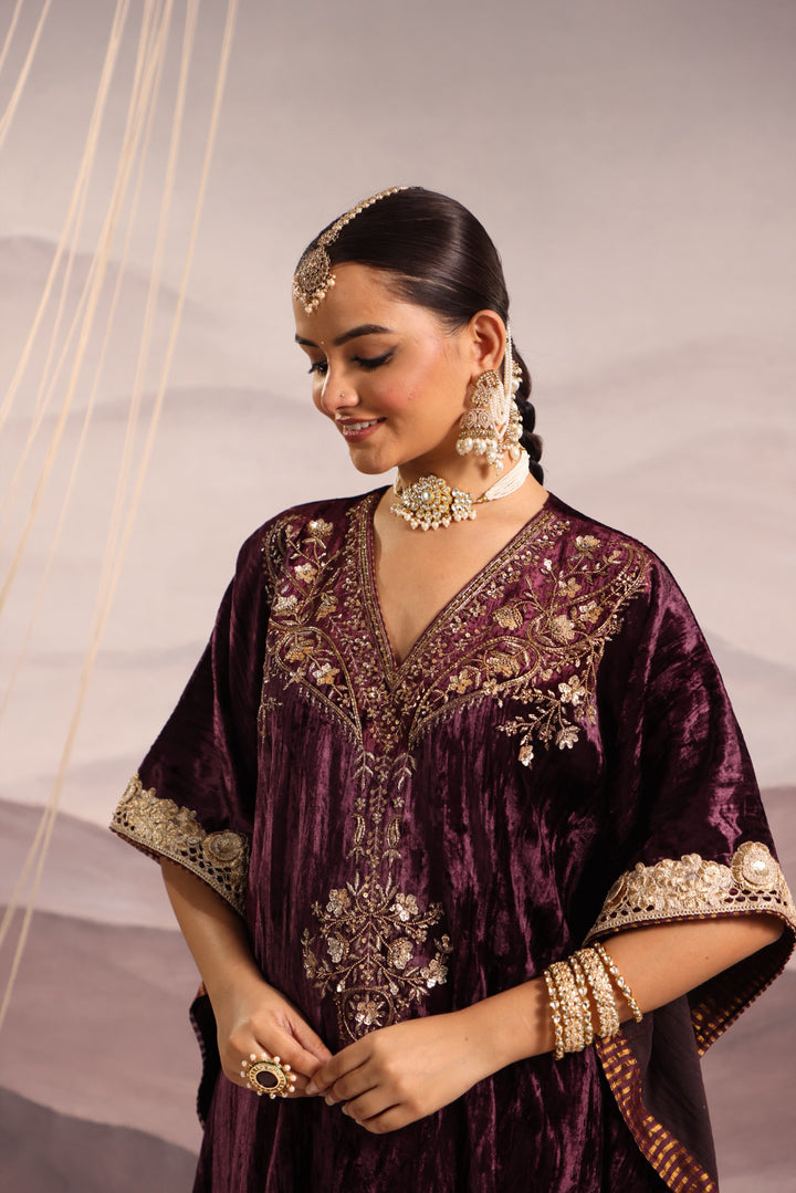 wine velvet hand embroidered kaftan with dabka and sequin detailing