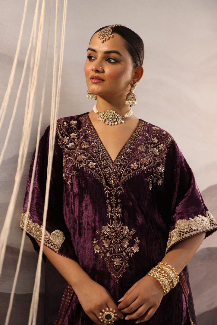 wine velvet hand embroidered kaftan with dabka and sequin detailing