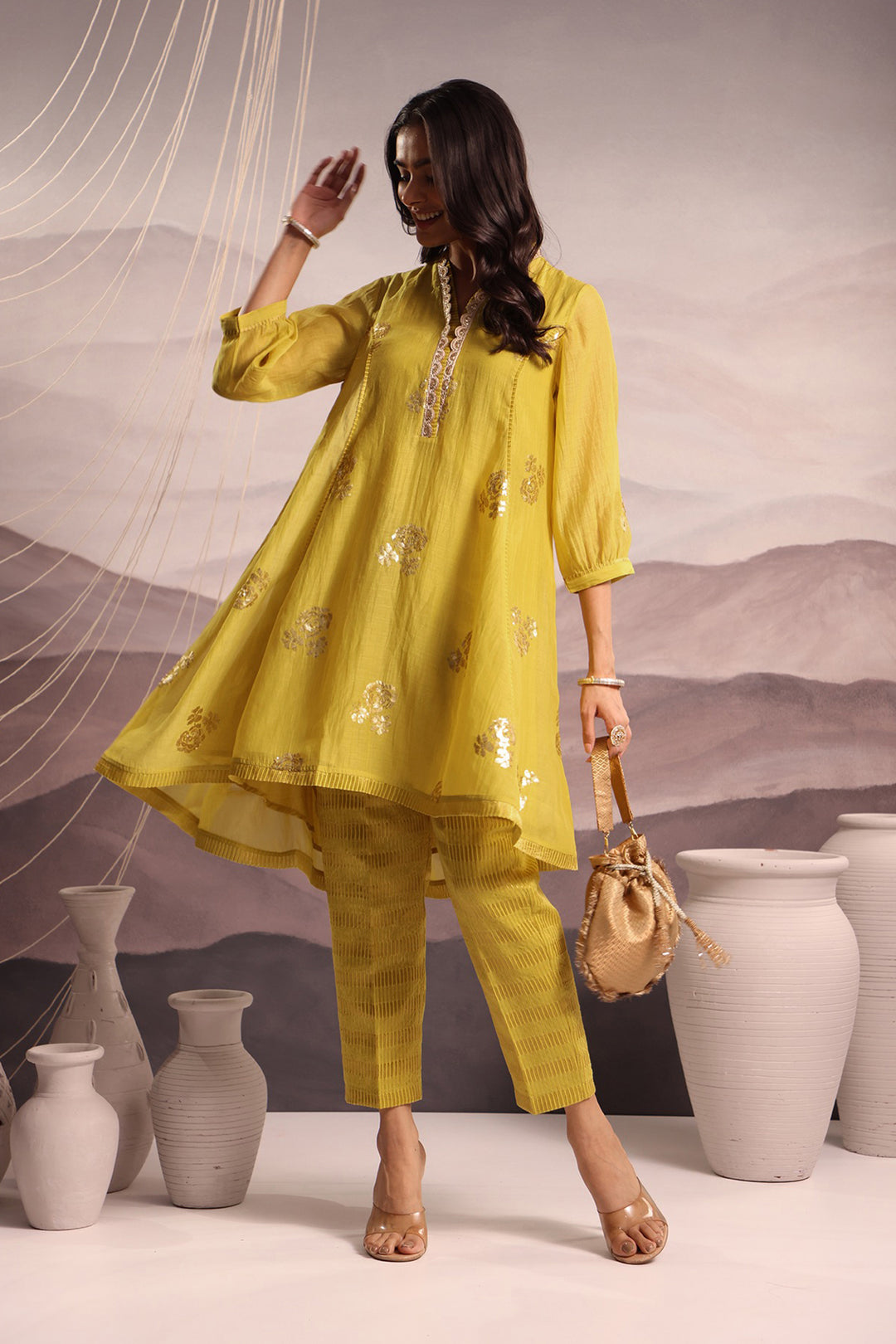 embroidered chanderi high-low kurta set