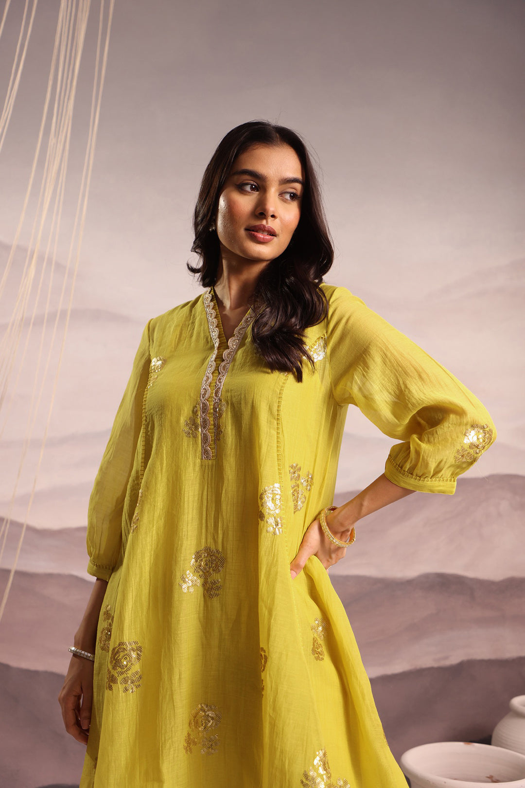 embroidered chanderi high-low kurta set