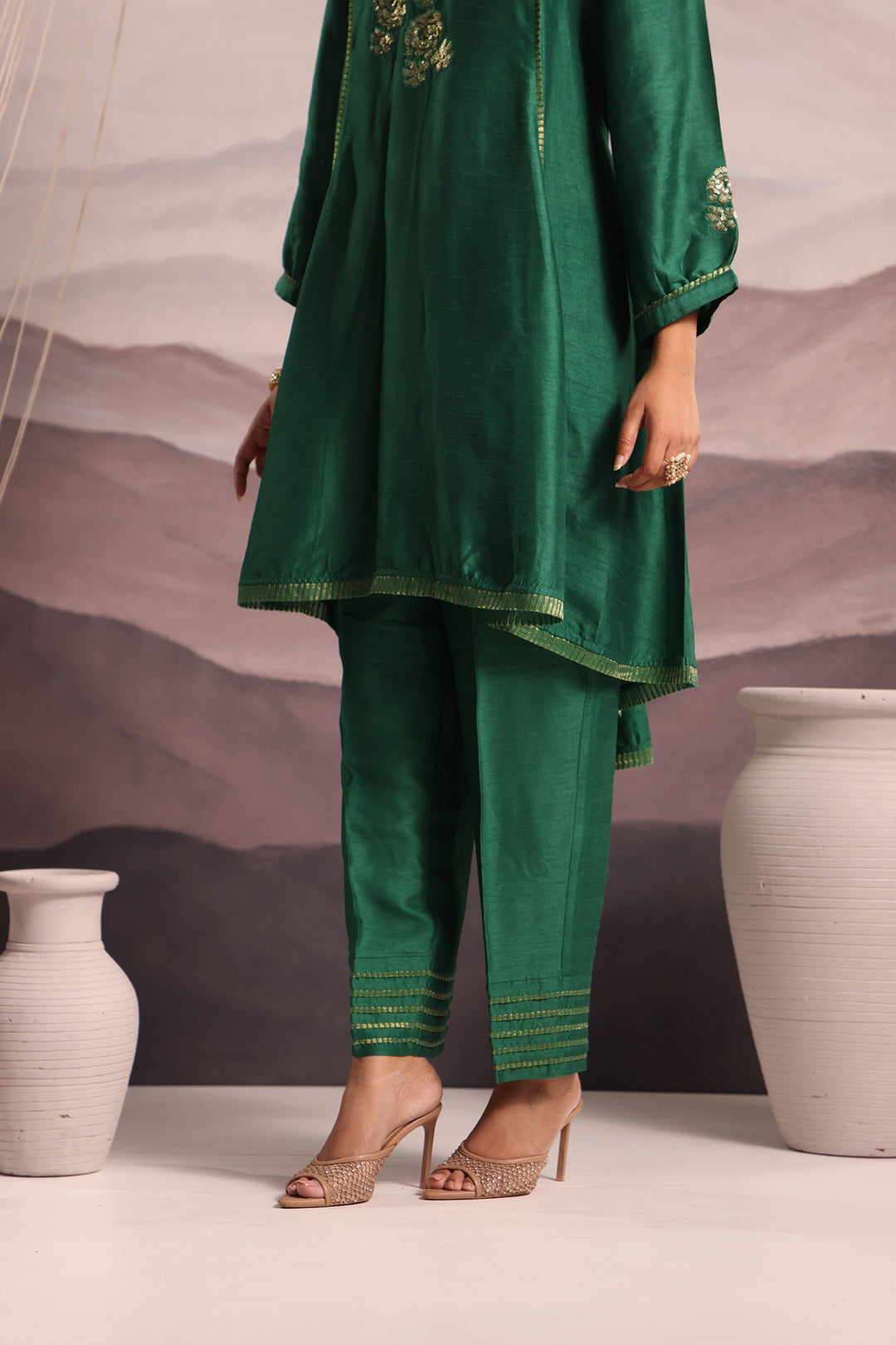 embroidered silk high-low kurta set