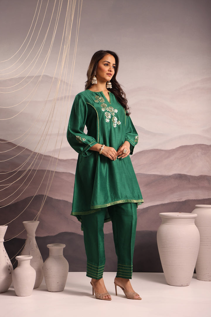 embroidered silk high-low kurta set