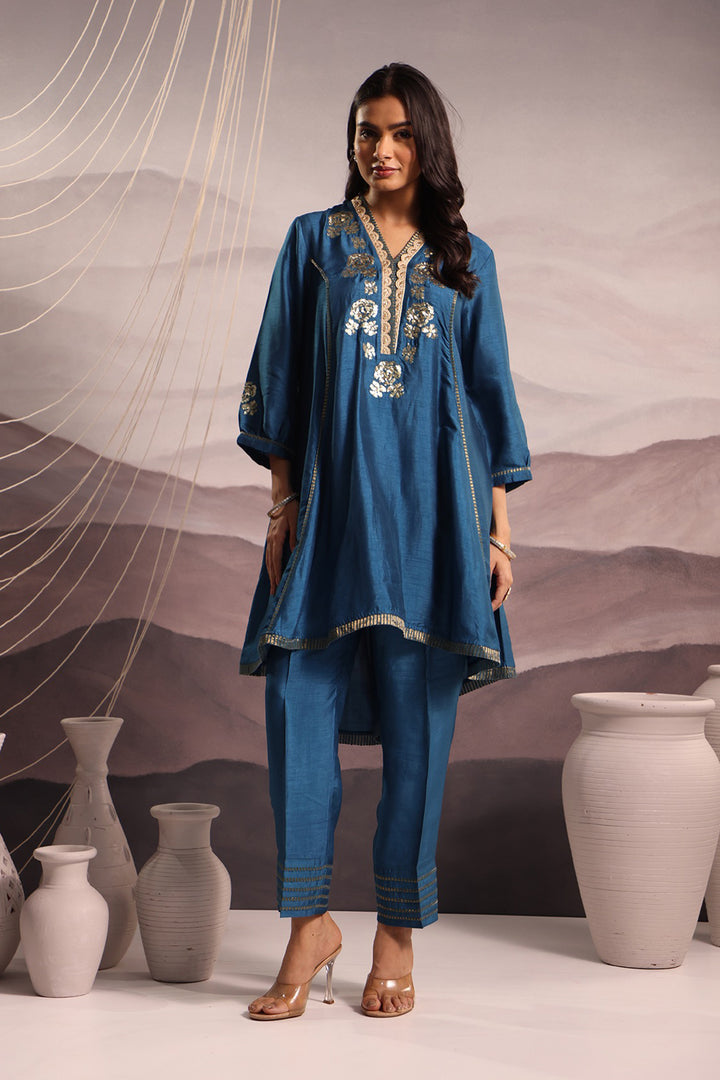 embroidered silk high-low kurta set