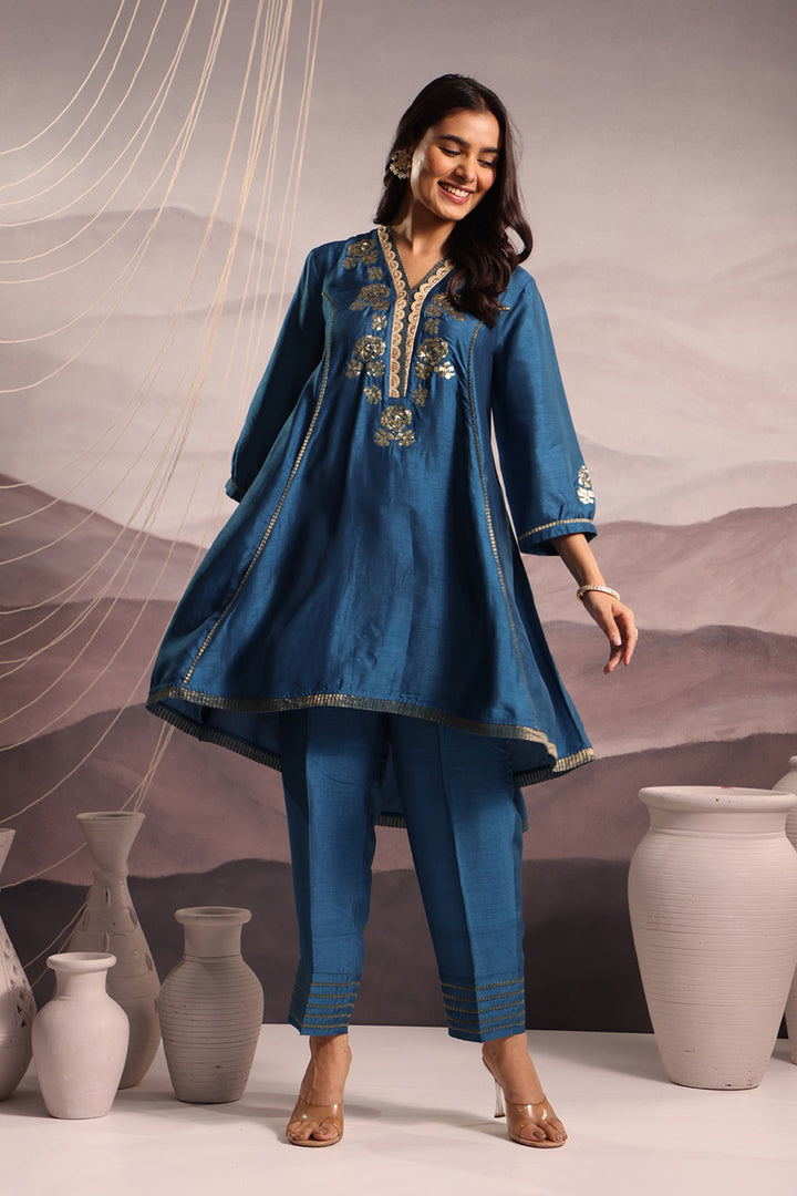 embroidered silk high-low kurta set