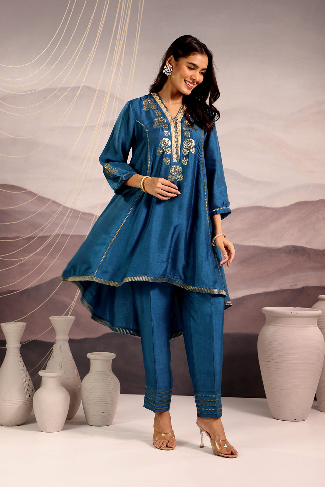 embroidered silk high-low kurta set