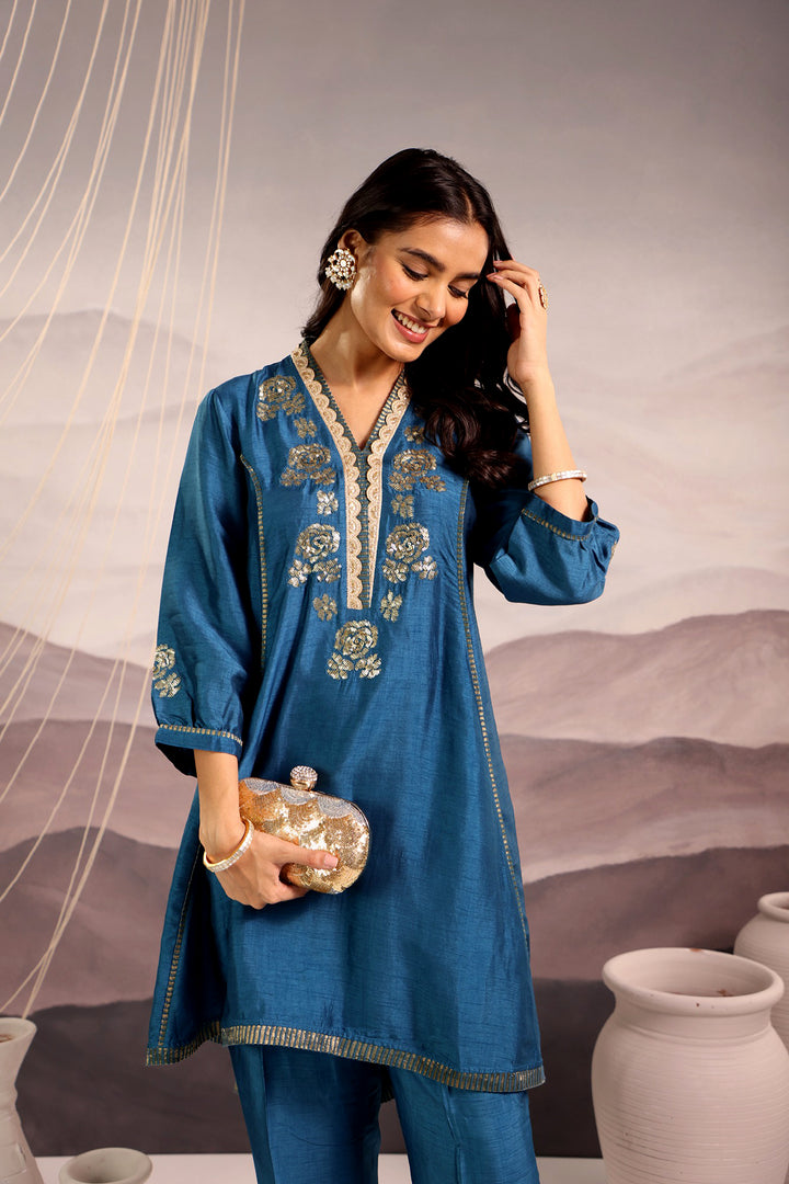 embroidered silk high-low kurta set