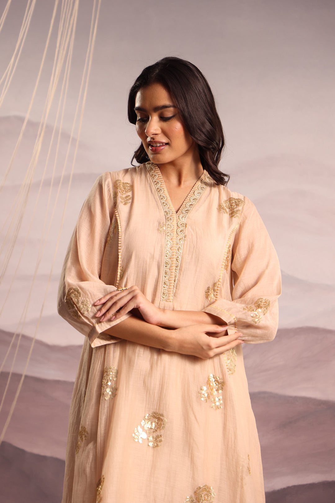 embroidered chanderi high-low kurta set