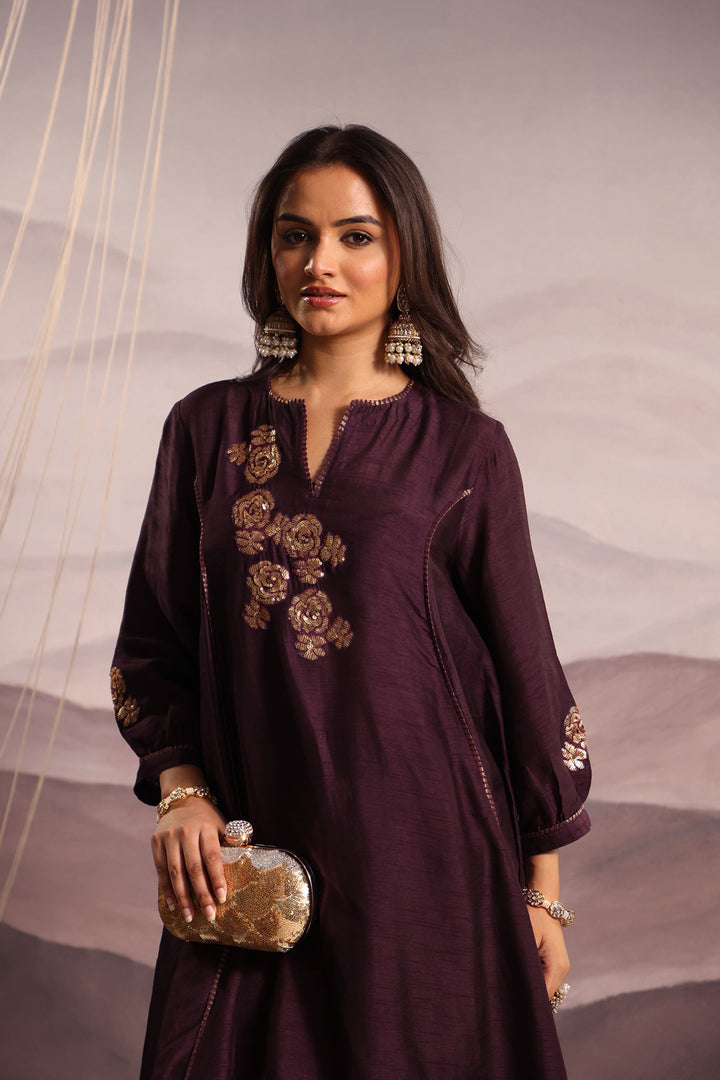 embroidered high-low silk kurta set