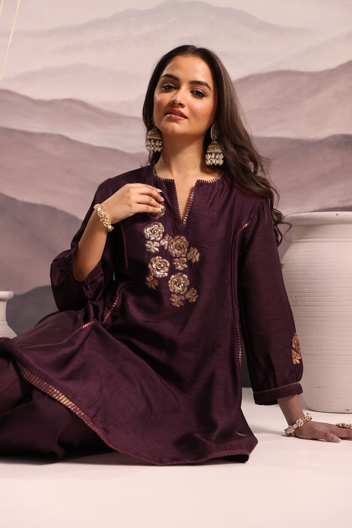 embroidered high-low silk kurta set