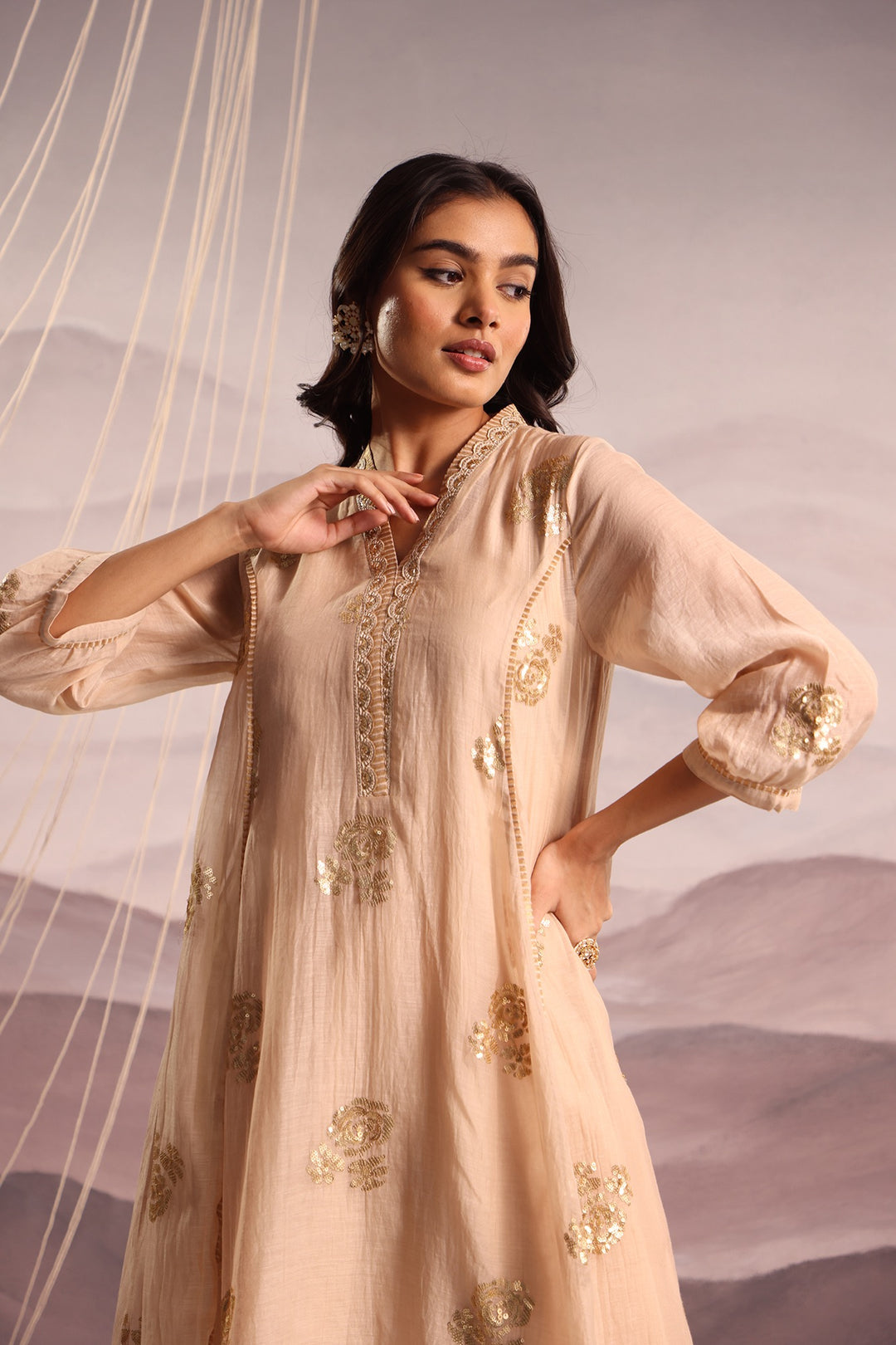 embroidered chanderi high-low kurta set