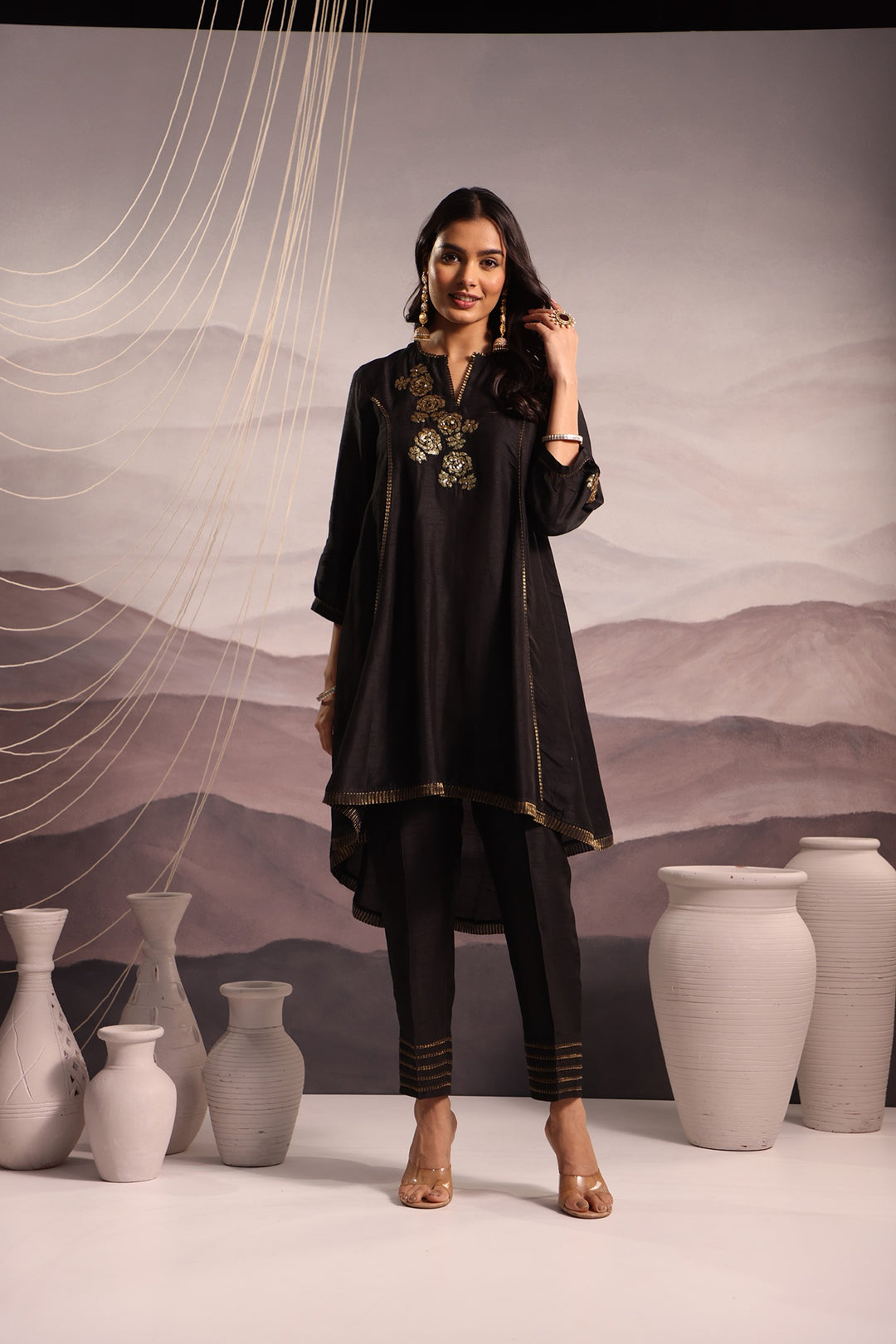 embroidered high-low silk kurta set