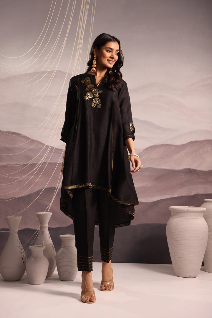 embroidered high-low silk kurta set