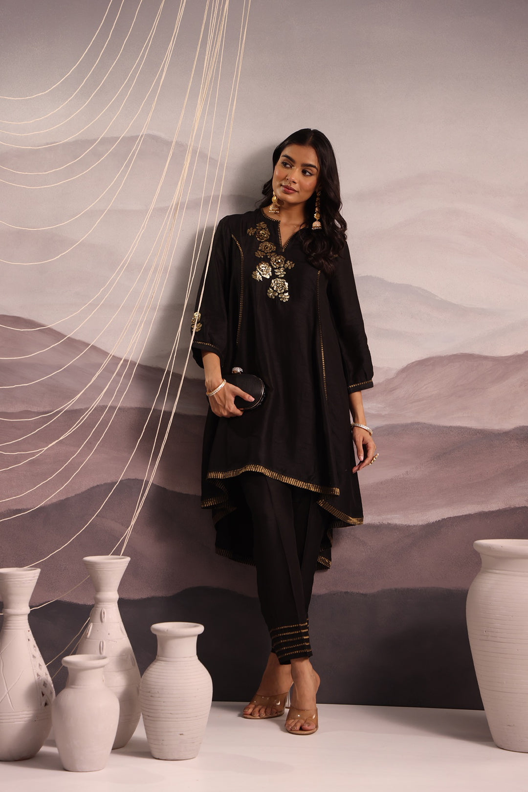 embroidered high-low silk kurta set