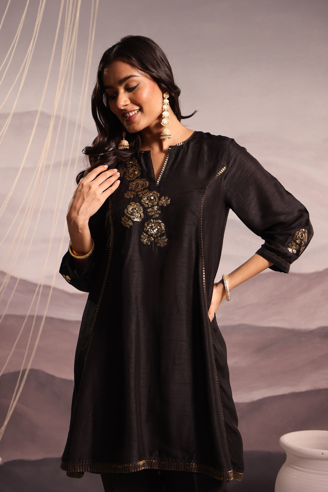 embroidered high-low silk kurta set