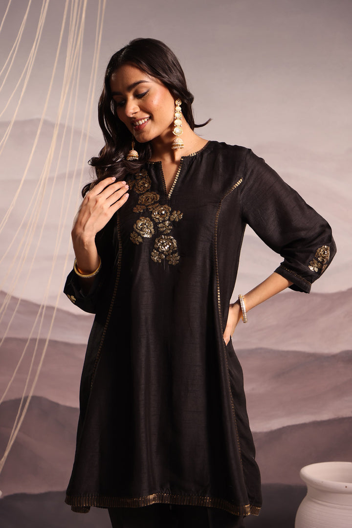 embroidered high-low silk kurta set