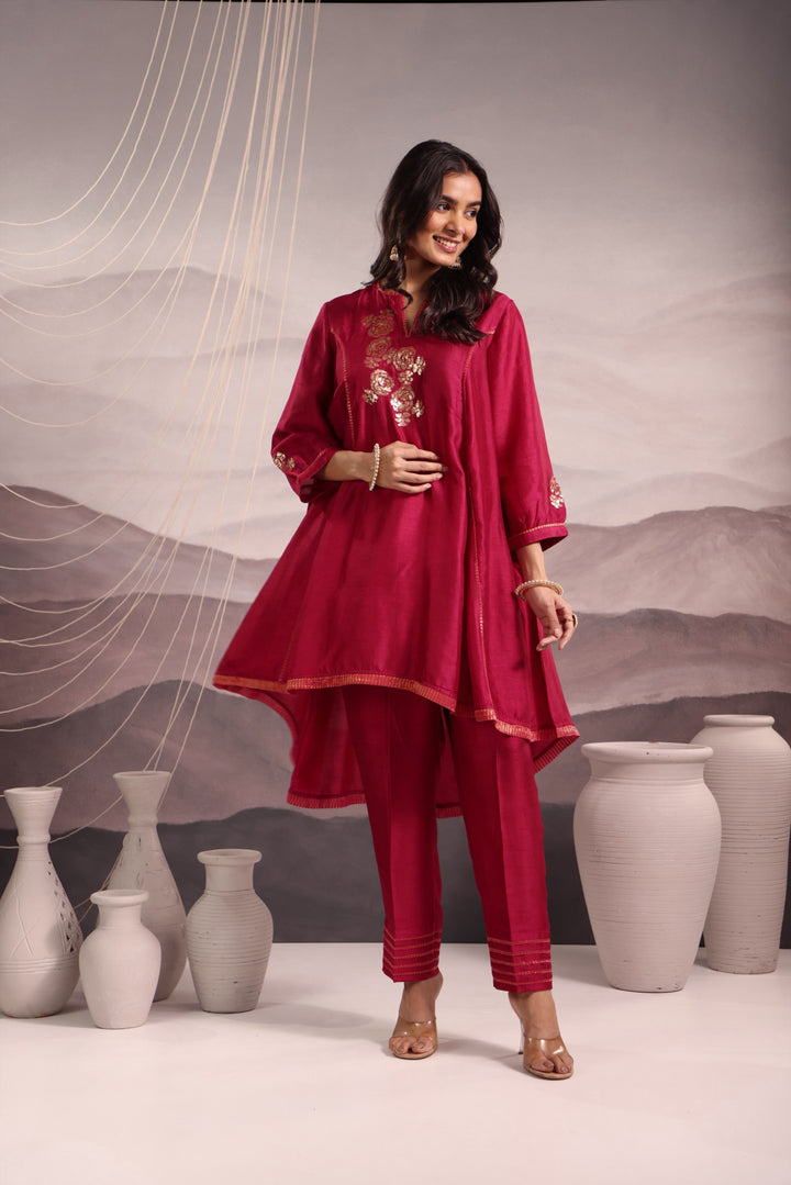 embroidered silk high-low kurta set